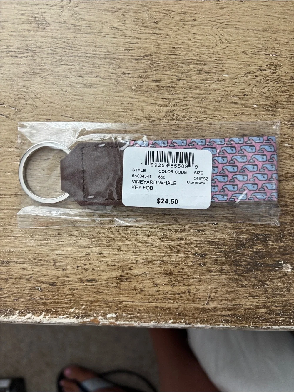 Vineyard Vines Pink Whale Pattern Key Loop with Brown Leather Tab